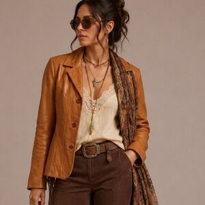 Maxima Womens Cognac Leather Blazer Jacket Brown Tailored Retro Minimal Size M